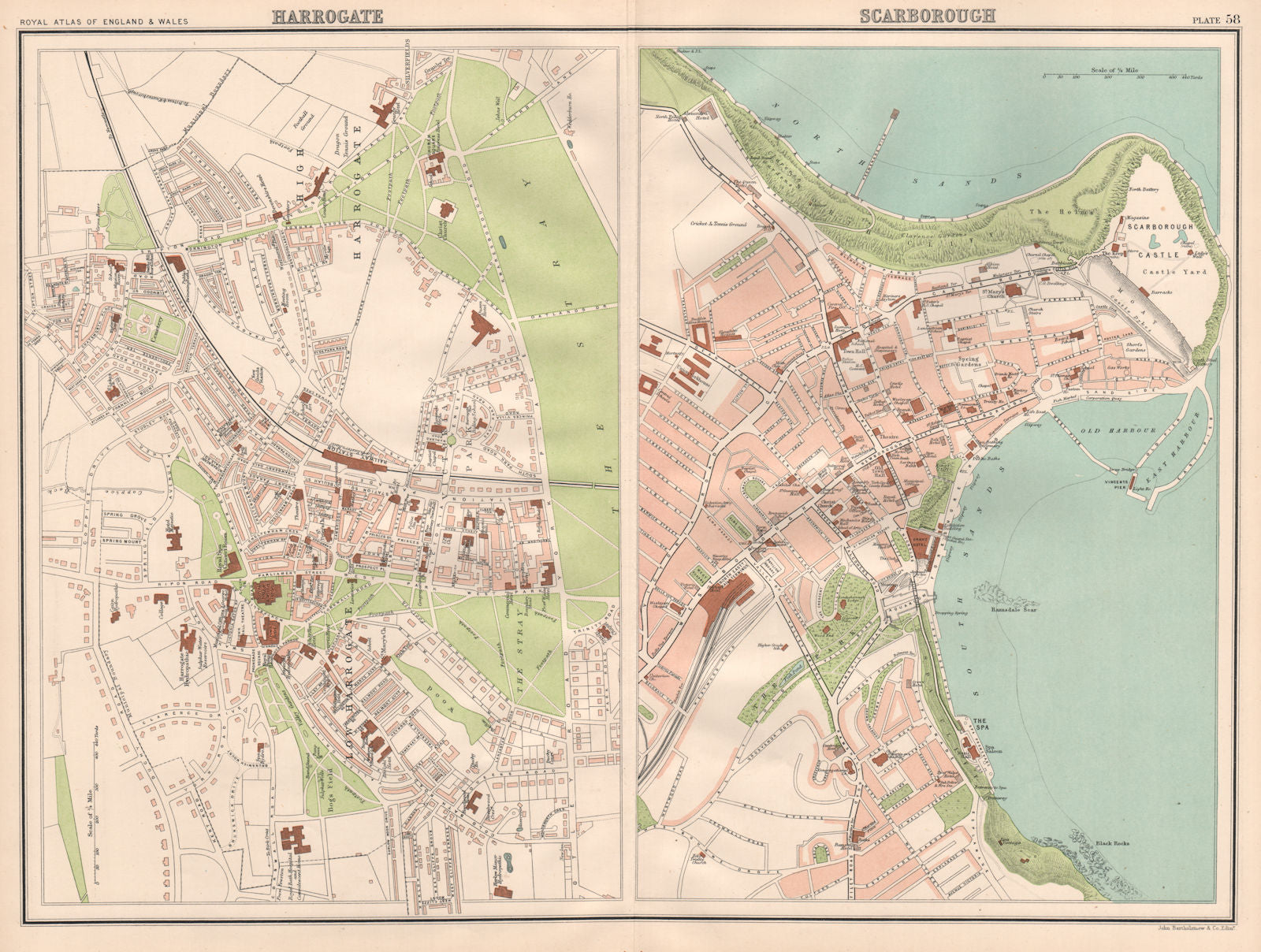 HARROGATE & SCARBOROUGH antique town city plans. BARTHOLOMEW 1898 old map